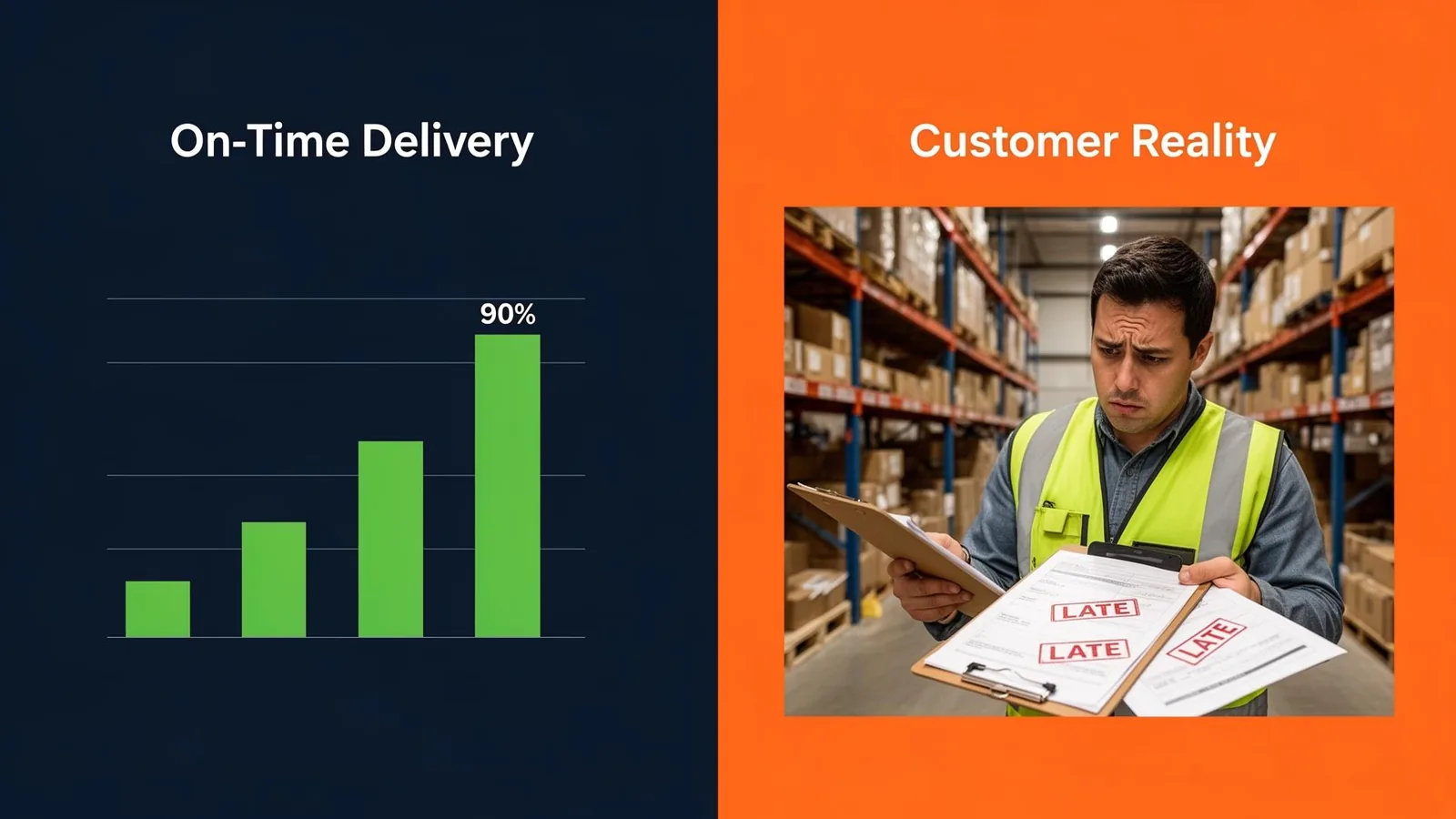 Split view showing a manager's 90% OTD dashboard versus a customer's late shipment experience