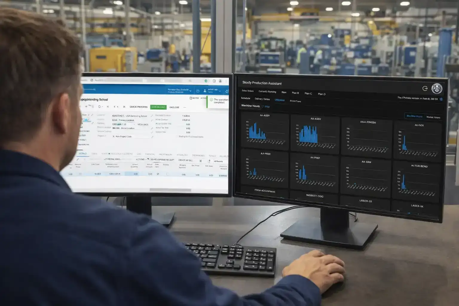 Skody Production Assistant running alongside ERP on dual monitors in a manufacturing shop