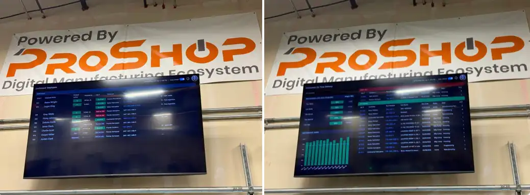 Skody AI dashboards running live on monitors at Zimmer Design & Manufacturing shop floor